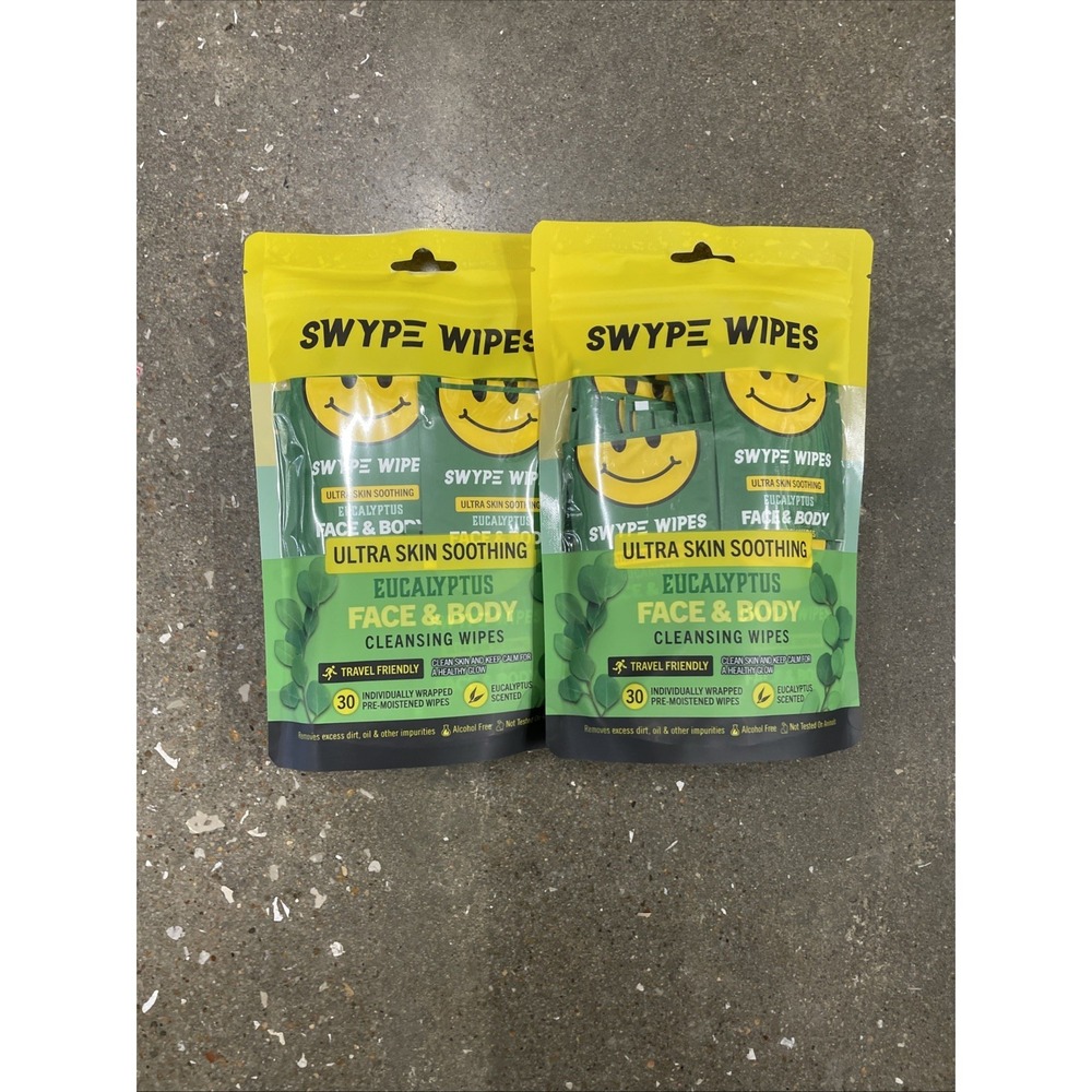 New 2x Swype Wipes EUCALYPTUS Face & Body Cleansing Wipes 30 ct